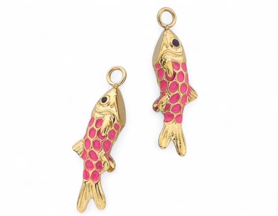 1 x vis bedel roze– ca. 36,5 x 12 x 7 mm – oogje: 2 mm – 304 roestvrij staal – emaille – ion plated – verguld met 14K goud (nikkelvrij)