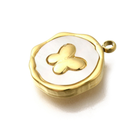 RVS 304 Ion Plating (ip) Bedel met schelp rond vlinder wit, 18K goldplated 15,5 x 12,5 x 2,5mm oogje 1,5mm