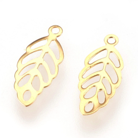 2 x RVS 304 bedel van een blad Real 18k Gold Plated, 13 x 5,5 x 0,2mm, oogje 0,8mm