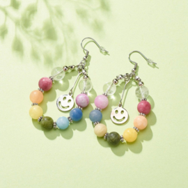 1 paar RVS oorbellen met gemixte edelsteen kralen met 201 RVS smiley's en 304 RVS haakjes en draad