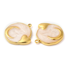 1 x RVS 304  Bedel rond maan en hartje cornsilk, 18K goldplated 17,5 x 17 x 2mm oogje: 1,4mm