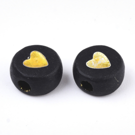 20 x hartjes  tussen cijfer en letter kraal van acryl hartjes Black-gold ca. 7mm (Ø1.8mm) ♥