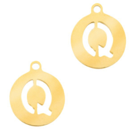 Roestvrij stalen (RVS) Stainless steel bedel rond 10mm initial coin Q Goudkleur