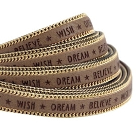 20 cm Quote imi leer 10mm met schakelketting goud - Wish dream believe - Taupe grijs ♥