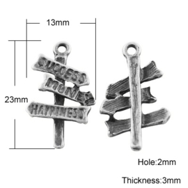 4 x tibetaans zilveren bedeltje wegwijzertje road sign to happiness, succes, money, happiness 25 x 14 x 4mm gat 2mm