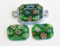 4 x  plaksteen glas Italian style rechthoek Groen millefiori 14 ,5 x 10,5 x 3mm    (excl. houder)