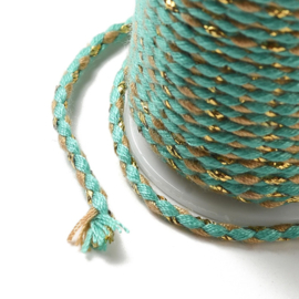 1 rol Metallic gevlochten koord – katoen/polyester mix – 1,5 mm – Turquoise met goudkleurige draad – 4 meter