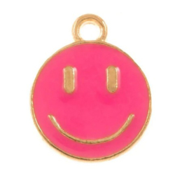 2 x Bedel Enamel light gold Smiley 14,5 x 12mm oogje: 1,5mm hot pink