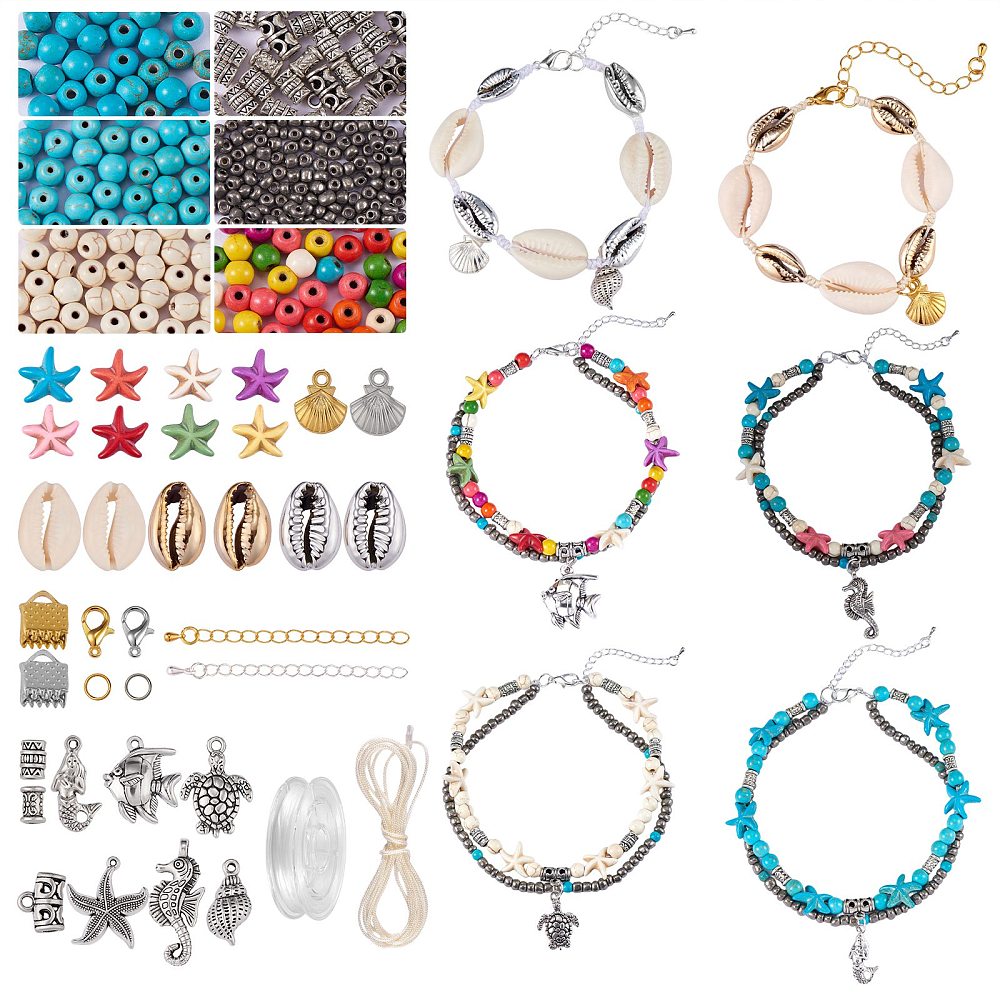 1 x DIY Enkelbandjes maken set – oceaan thema – compleet met kralen, bedels en schelpjes