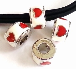 1 x Metalen European Jewelry kraal rond wit met rode hartjes antiek zilver 11 mm