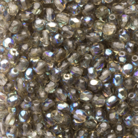 30  x ronde Tsjechische kralen facet kristal afm: 4mm Kleur: grijs ab zilver gat c.a.: 1mm