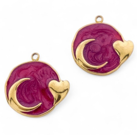 1 x RVS 304  Bedel rond maan en hartje Dark Red, 18K goldplated 17,5 x 17 x 2mm oogje: 1,4mm
