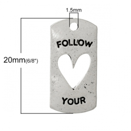 2 x Metalen Bedel Antiek Zilver Follow your heart maat: 20x10 mm ♥ (Nikkelvrij)