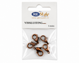 5 x Lobstersluiting 12 mm – oogje 1,5 mm – roodkoperkleur