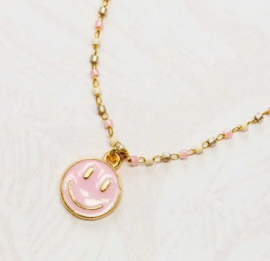 2 x Bedel Enamel light gold Smiley 14,5 x 12mm oogje: 1,5mm pearl pink