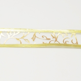 1 meter organza lint met goud glitter 25mm op witte ondergrond met metaaldraad