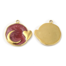 1 x RVS 304  Bedel rond maan en hartje Dark Red, 18K goldplated 17,5 x 17 x 2mm oogje: 1,4mm