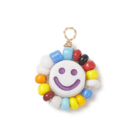 2 x Vrolijke smiley bedel met rondom glas rocailles, diverse kleuren