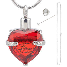 Gedenk hanger mini urn Always On My Mind, Forever In My Heart met RVS kettng incl. vulsetje Rood