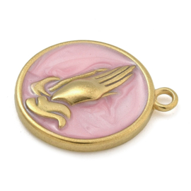 1 x  RVS 304 Bedel Enamel biddende handen Roze en goudkleur 18,5 x 16 x 2,5mm gat: 1,6mm