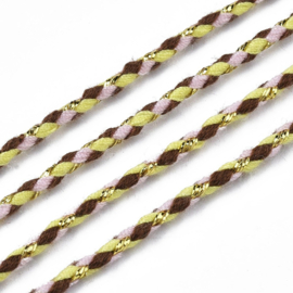 4 meter Metallic gevlochten koord – katoen/polyester mix – 2 mm – Yellow Brown met goudkleurige draad