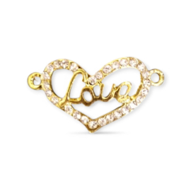 Metalen Hart met tekst "Love"  tussenzetsel twee ogen met strass steentjes, goud kleur, afm.  30 x 16 x 2mm