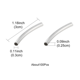 50 x metalen buisjes  kralen verzilverd 30 x 3mm gat c.a. 2,5mm 