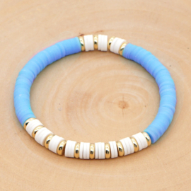 Armbandje met elastiek en katsuki kralen en metalen kralen 16cm blauw