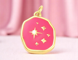 Bedel Deep Pink emaille sterren, 18K Gold plated 19 x 14,5 x 3mm oogje 3mm