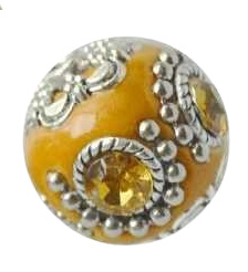 Handgemaakte Bohemian kraal, Kashmiri kraal 19,5mm ingelegd metal & strass oranje met zilver