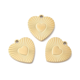 1 x Ion Plating (IP) chirurgisch staal RVS 316L bedel hartje Real 18k Gold Plated, 12 x 11,8 x 1mm oogje 1mm (Nikkelvrij)