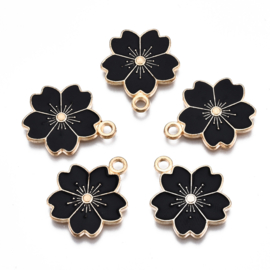 4 x  Bedel Enamel Sakura bloem 20,5 x 17,5 x 1.5 mm light gold  Black gat 2mm