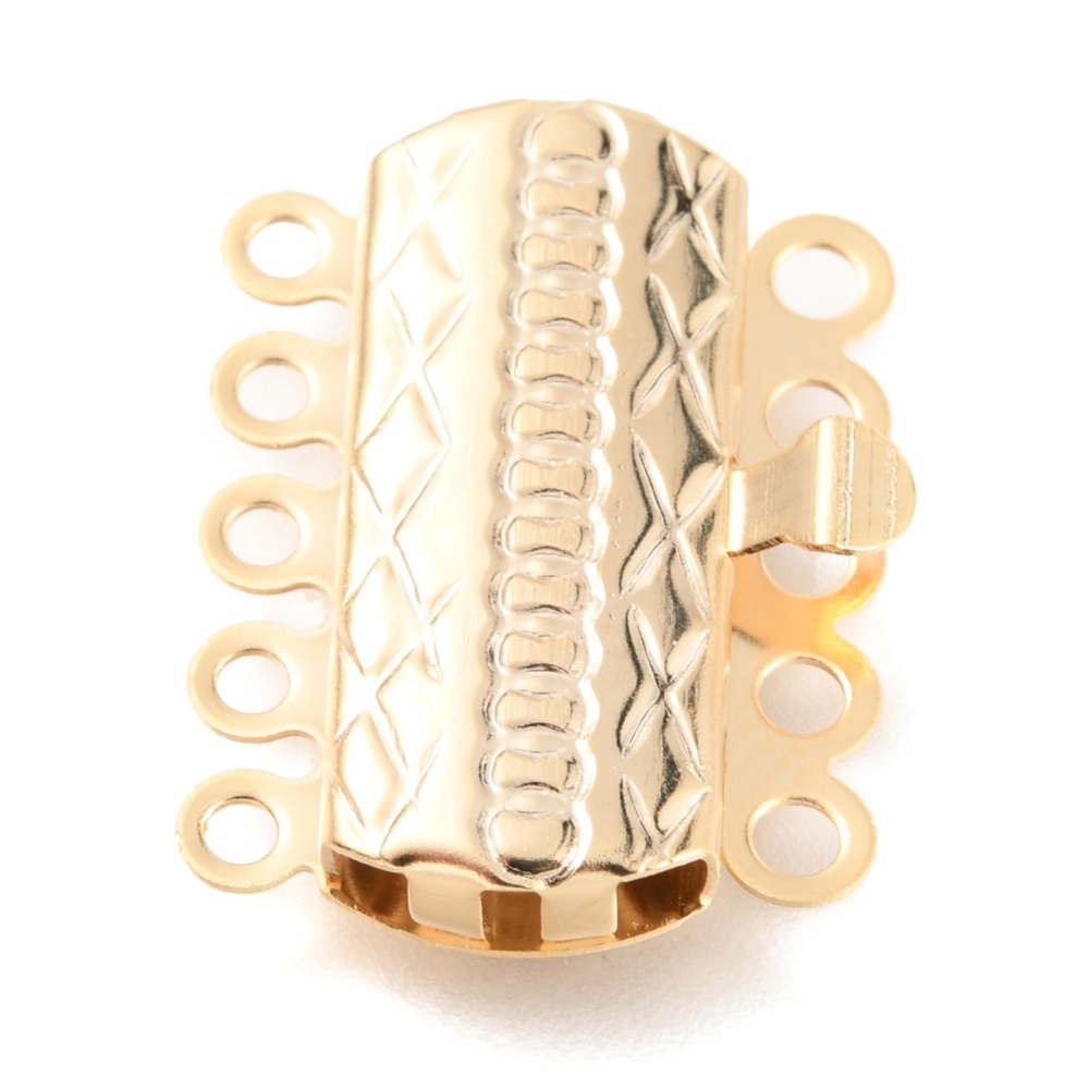 1 x Tarnish Resistant 304 RVS boxsluiting – 5-strengs – 10 gaatjes – rechthoek met patroon – goud kleur – 19,5 x 14 x 3 mm – gat ca. 1,4 mm