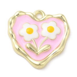 Bedel hart met bloemen roze licht goud Afm: ca 18x18x3mm, Ø1.6mm