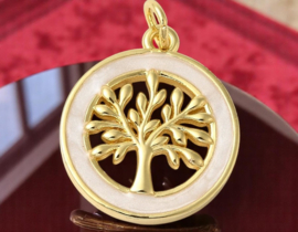 1 x Bedel wit emaille rond Tree of life, 18K Gold plated 20 x 17,5 x 3mm oogje 3mm