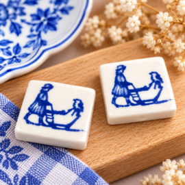 2 x Keramiek tegel kralen 25 x 25 x 6 mm – gat 2,8 mm – delftsblauw wit