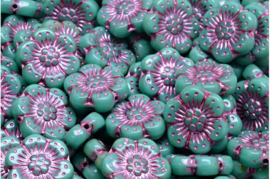 2 x Tsjechische pressed beads glaskralen Boho Flower Beads 14 x 14mm gat 1mm groen paars