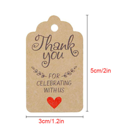 100 x stevige bruine kartonnen labels "Thank you" - Afm. 5 x 3cm