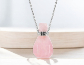 Gedenk hanger mini urn van edelsteen Rose Quartz (ook de dop) met RVS ketting