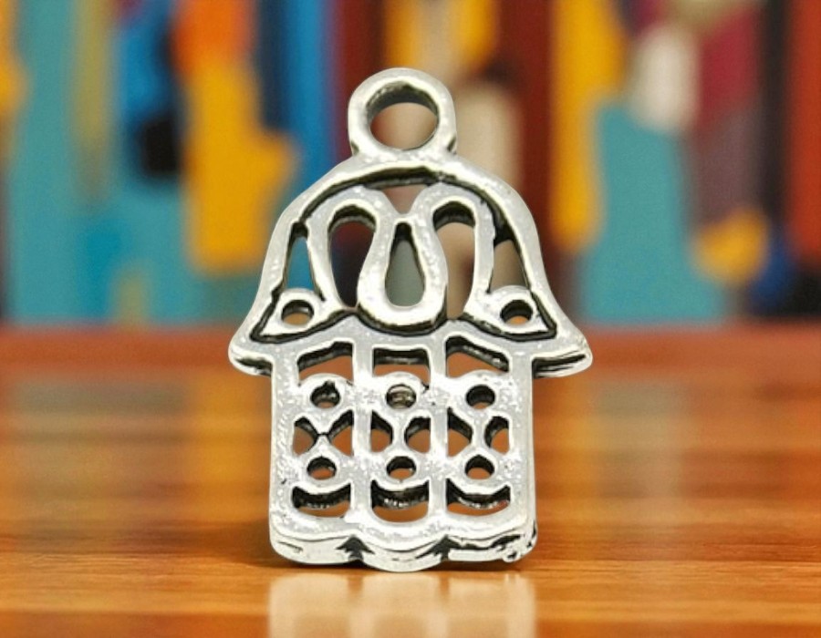 4 x Metalen bedel – Hamsa Hand van Fatima – antiek zilverkleur – 14 x 21,4 x 1,5 mm – oogje ca. 2,5 mm
