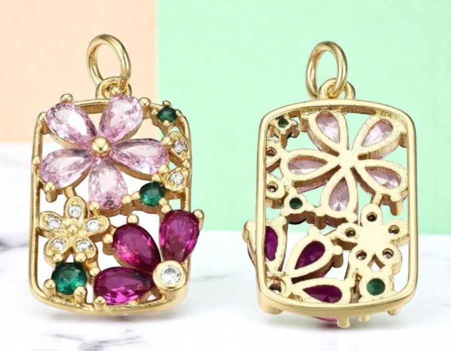 1 x Bedel bloemen met zirconia stenen 21,5 x 14mm – Roze 16K gold plated (Nikkelvrij)