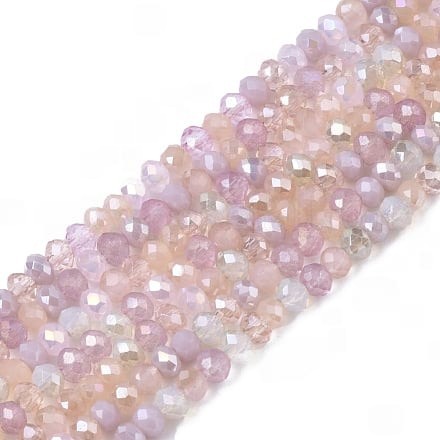 1 x Streng met ca. 188–190 glaskralen facet rondelle briolette kristal – 3 x 2,5mm, gat 0,7mm – Pink Plated Color AB