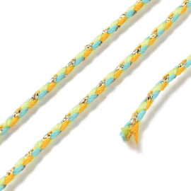 1 rol Metallic gevlochten koord – katoen/polyester mix – 1,5 mm – Yellow Green met goudkleurige draad – 4 meter