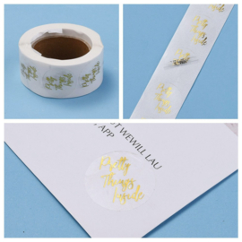 1 rol 500 stickers Wensetiket zegel rond 25mm Pretty Things Inside Wit goud