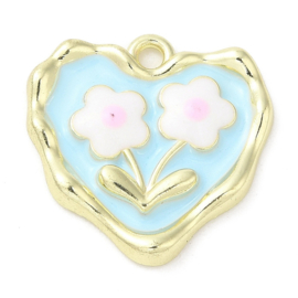 Bedel hart met bloemen blauw  licht goud Afm: ca 18x18x3mm, Ø1.6mm