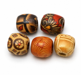 20 x Afrikaanse grote houten kralen bewerkt 16 x 17 mm – groot gat ca. 7,5 mm – mixkleuren