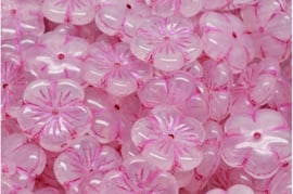 2 x Tsjechische Glaskralen Apple Flower Pressed Beads 14x14mm roze transparant