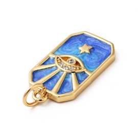 1 x Bedel emaille rechtoek blauw oog ster 18K gold plated Afm: 19 x 10,5 x 2,5  Ø3,6mm (Nikkelvrij)