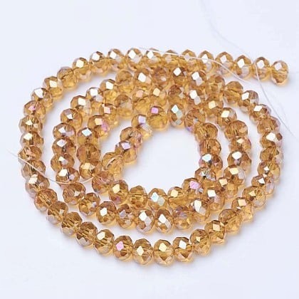 1 x Streng met ca. 95 glaskralen facet rondelle briolette kristal – 6 x 4 mm – gat 1 mm – Dark Goldenrod AB Plated