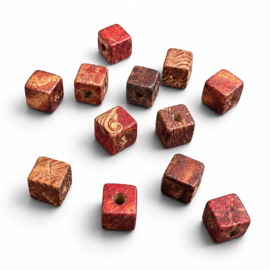25 x Afrikaanse houten kralen kubus 8 x 8 mm – gat ca. 3 mm – bewerkt met print – mixkleuren